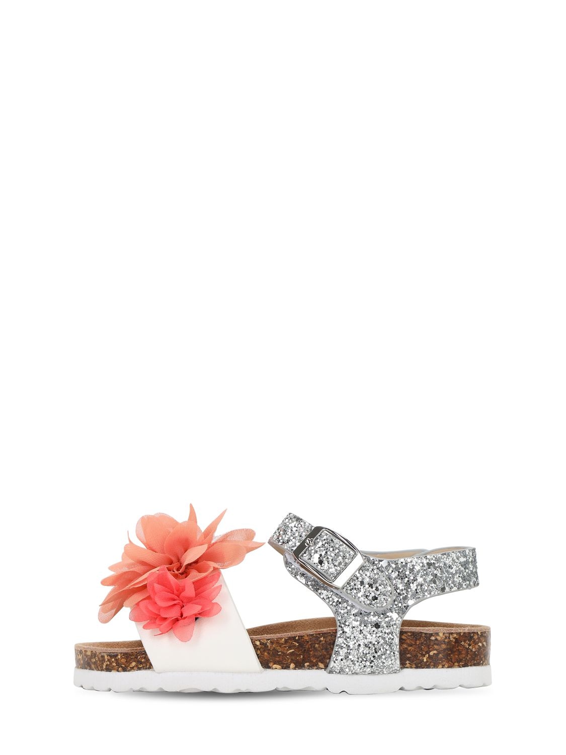 Colors Of California Kids' Glittered Leather Sandals W/ Flowers In Silver