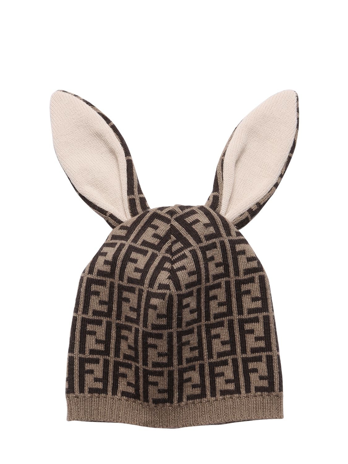 Fendi Kids' Cotton Blend Bunny Hat In Brown