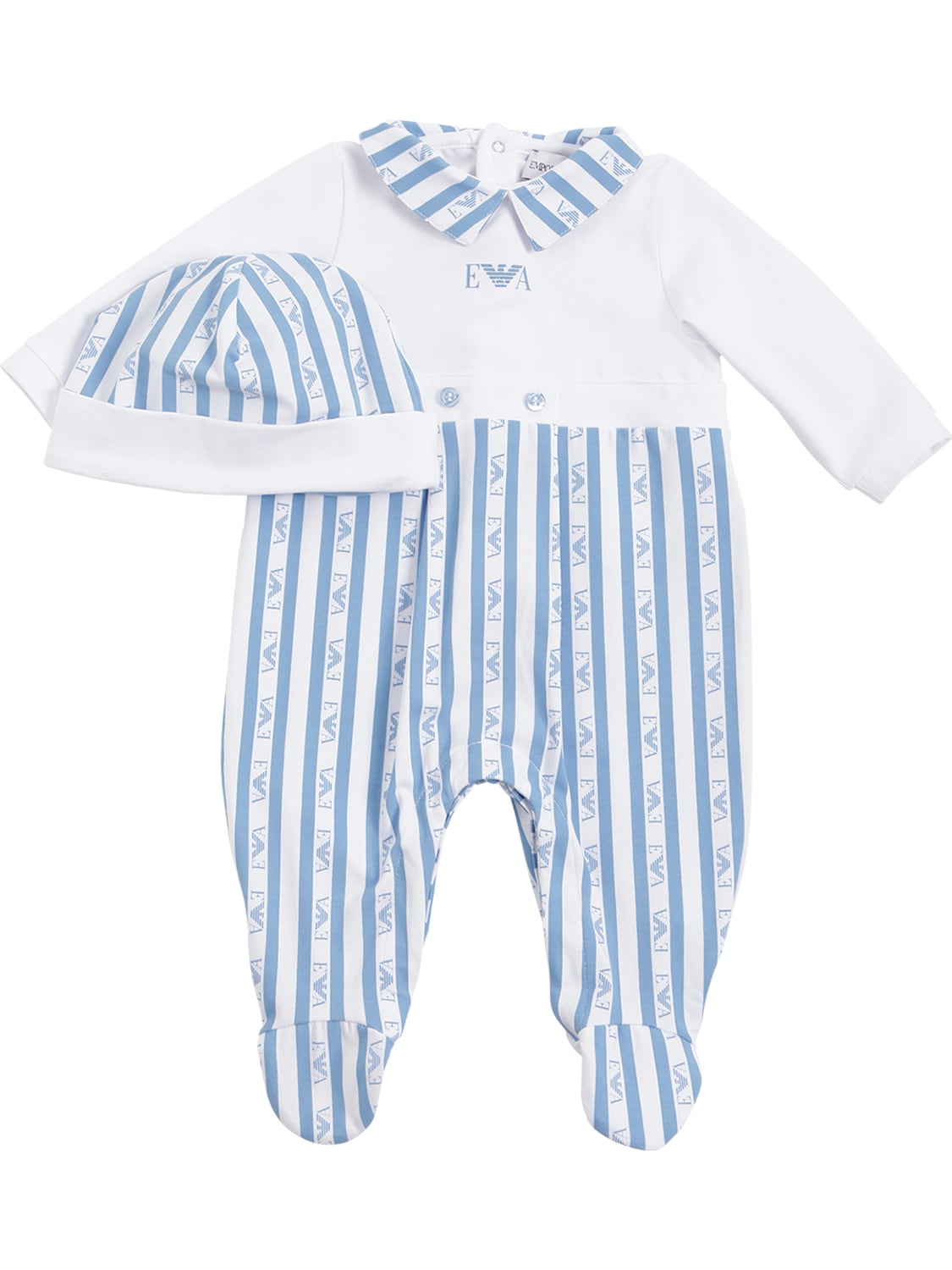 Emporio Armani Babies' Logo印花棉质平纹针织连体裤&帽子 In White