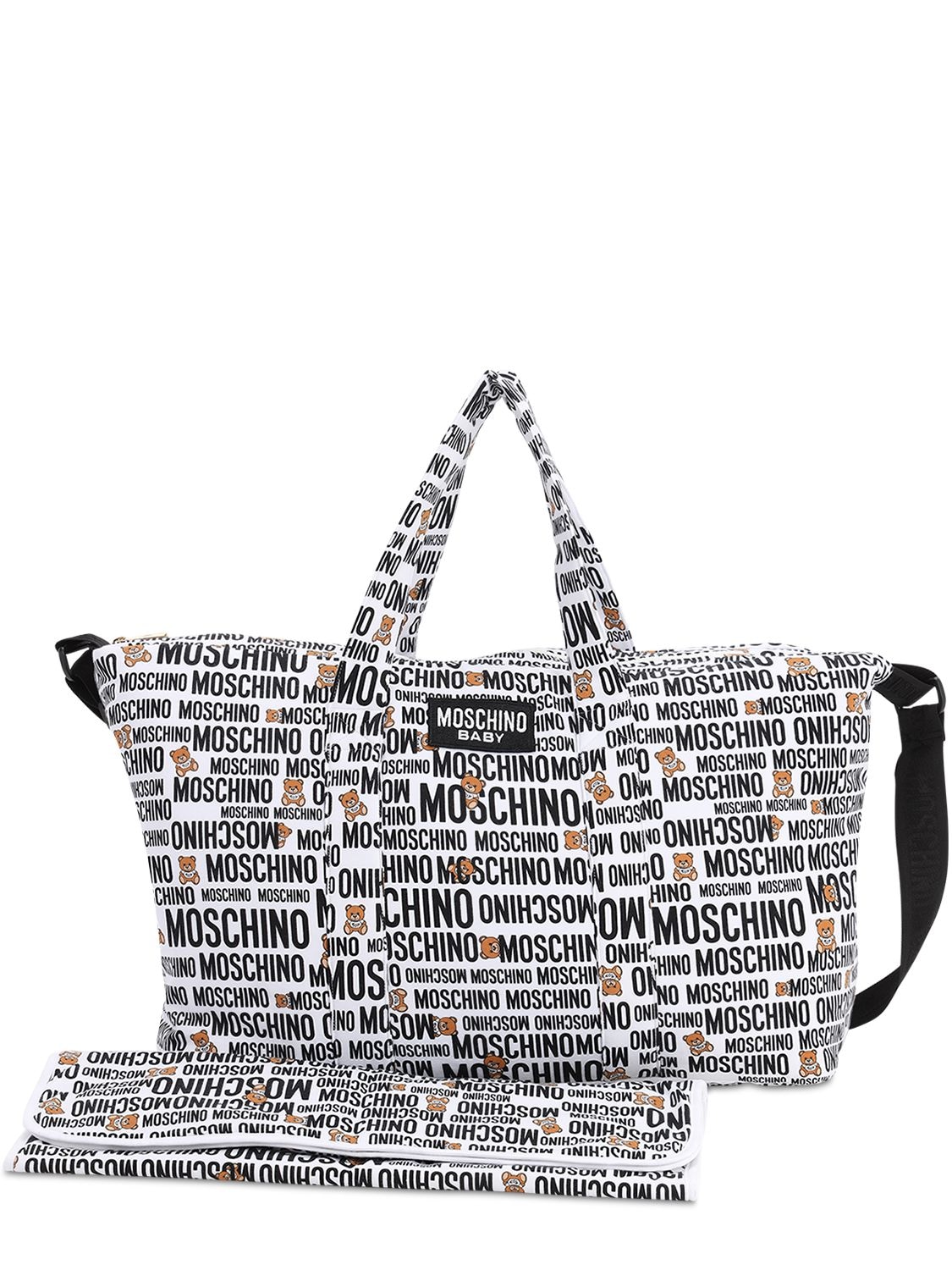 Moschino Kids' Cotton Blend Changing Bag & Changing Mat In White,black