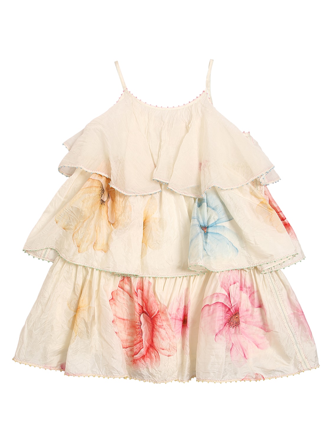 Péro Kids' Flower Print Cotton Satin Layered Dress In Off White,multi