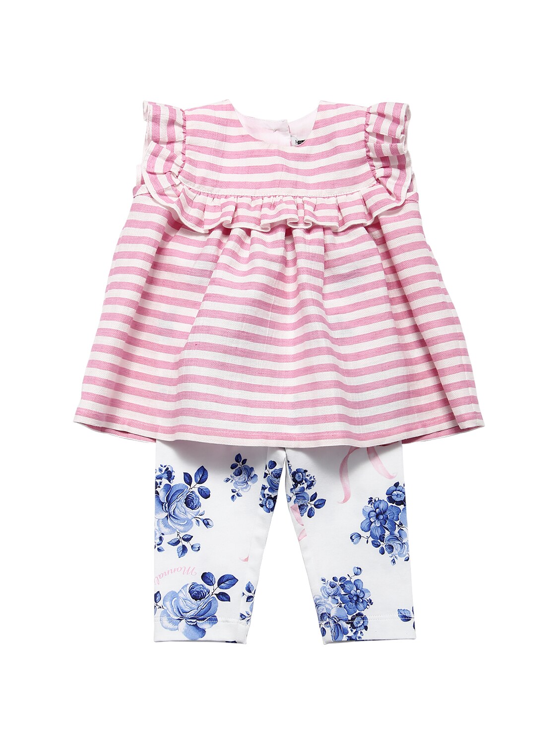 Monnalisa Babies' Linen Piqué Top & Jersey Leggings In Pink,white