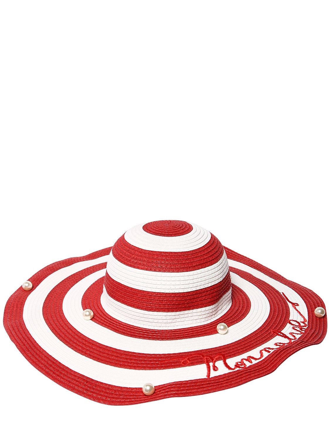 Monnalisa Kids' Embellished Striped Wide Brim Hat In White,red