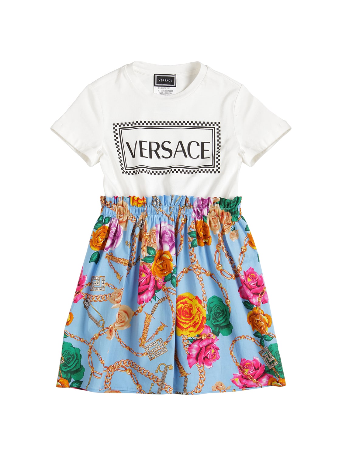 Versace Kids' Logo Print Cotton Jersey & Poplin Dress In White,blue ...