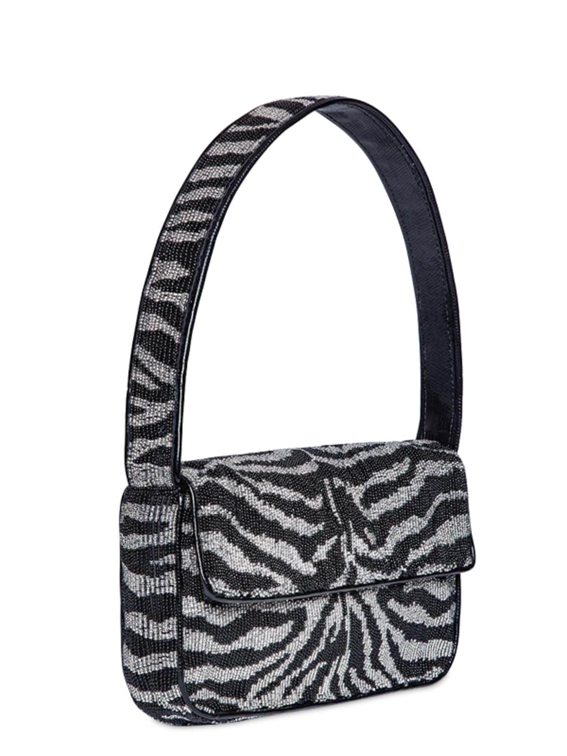 Shop Staud Tommy Zebra Beaded Shoulder Bag In Black,white