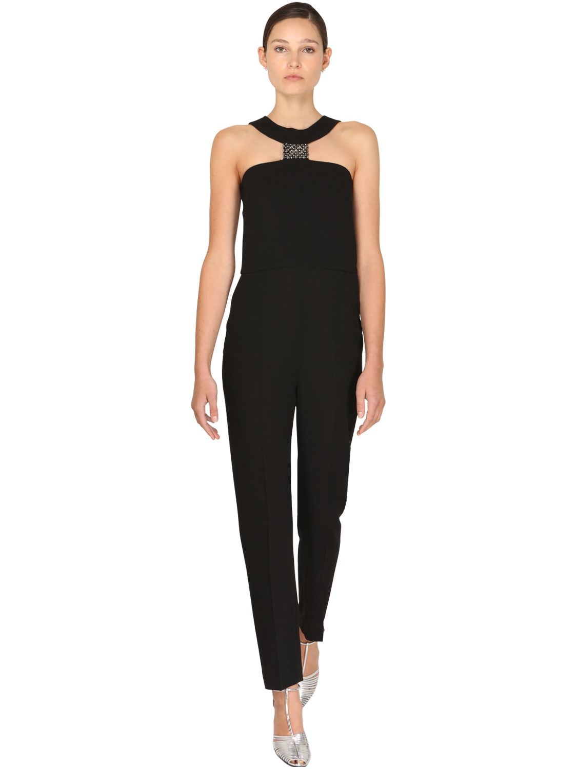 Fitted Crepe Jumpsuit W/ Crystals Detail