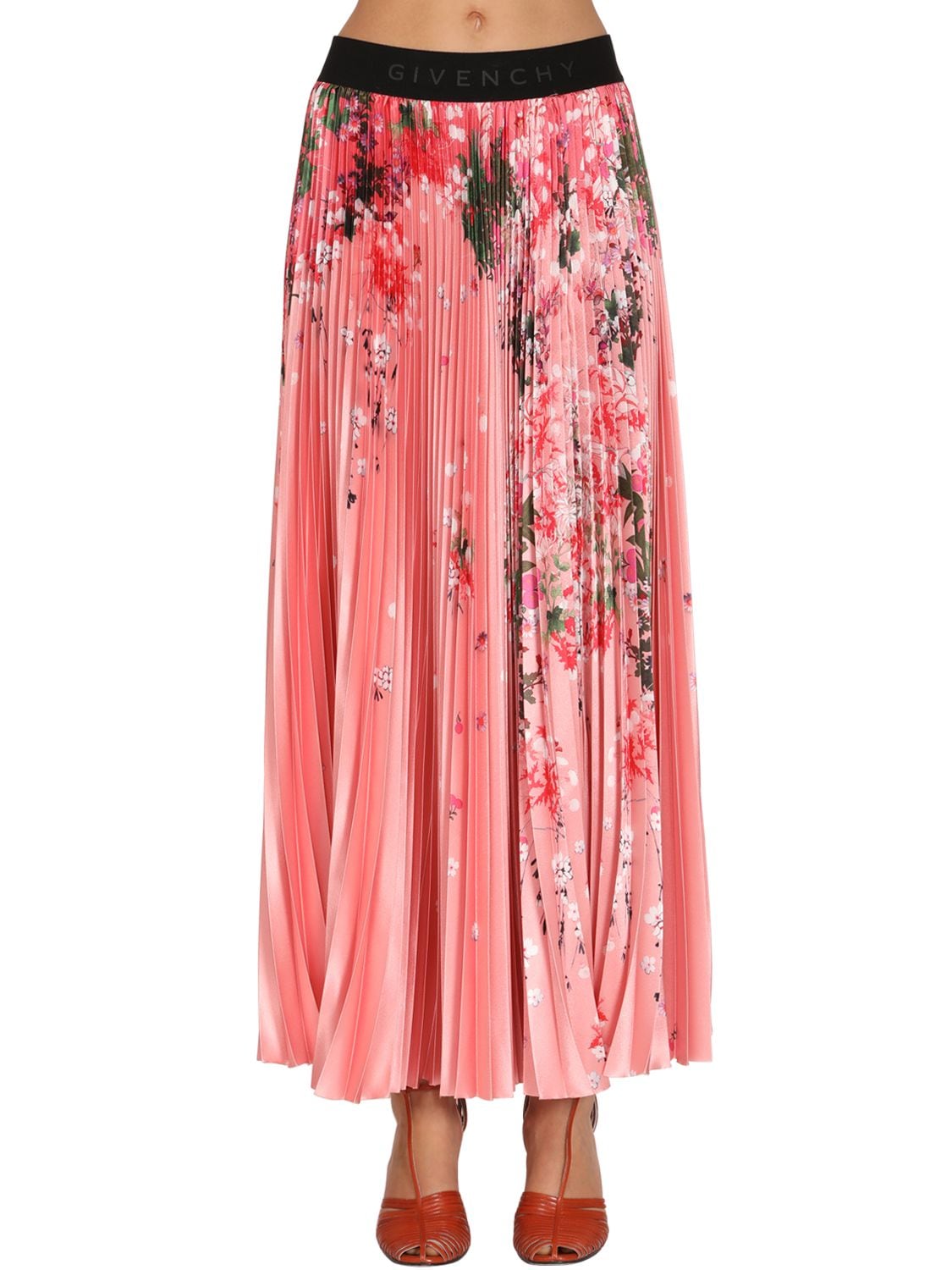 Givenchy Pleated Floral-print Satin Midi Skirt In Pink | ModeSens