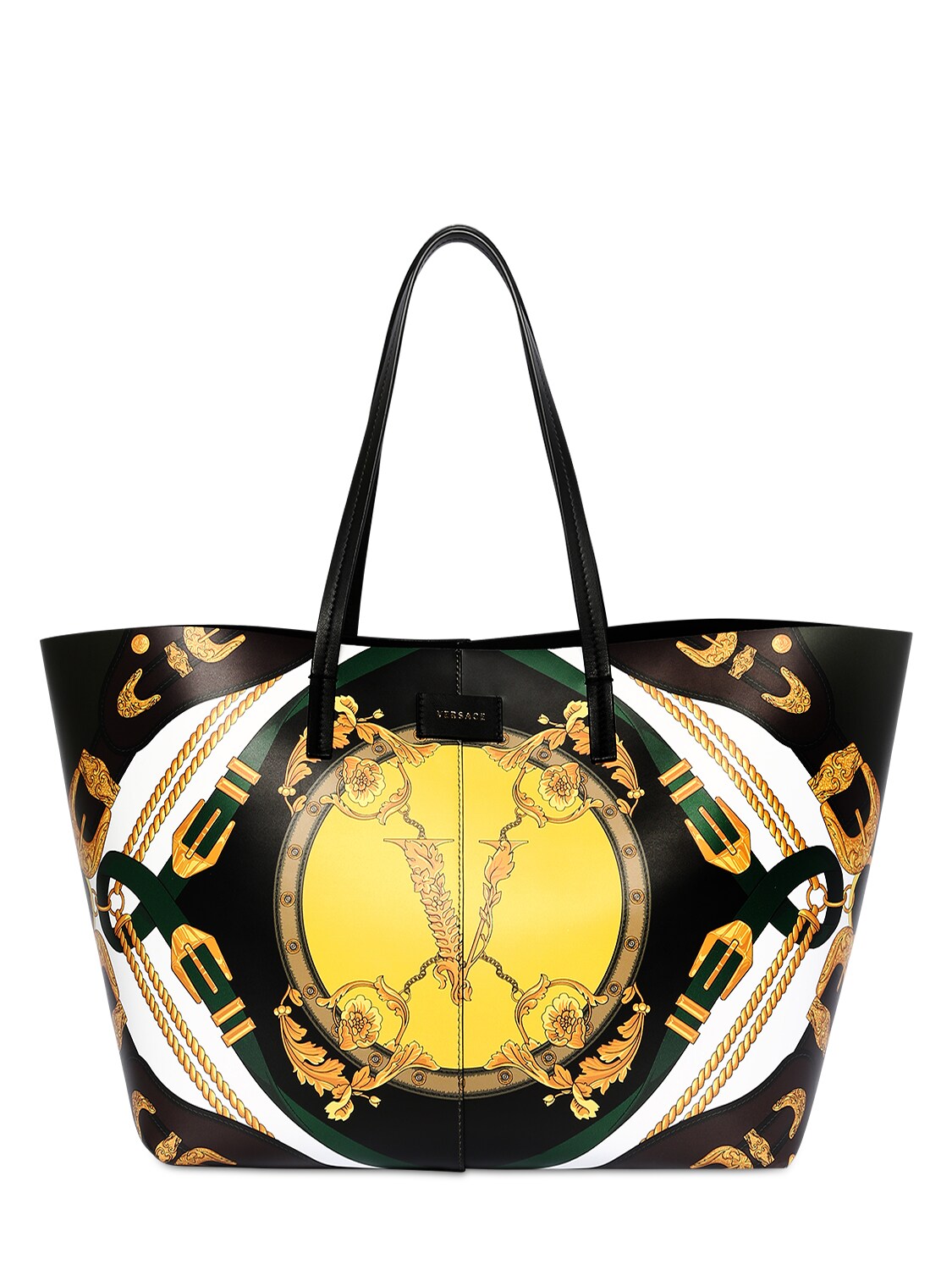 Versace Printed Leather Tote Bag In Green