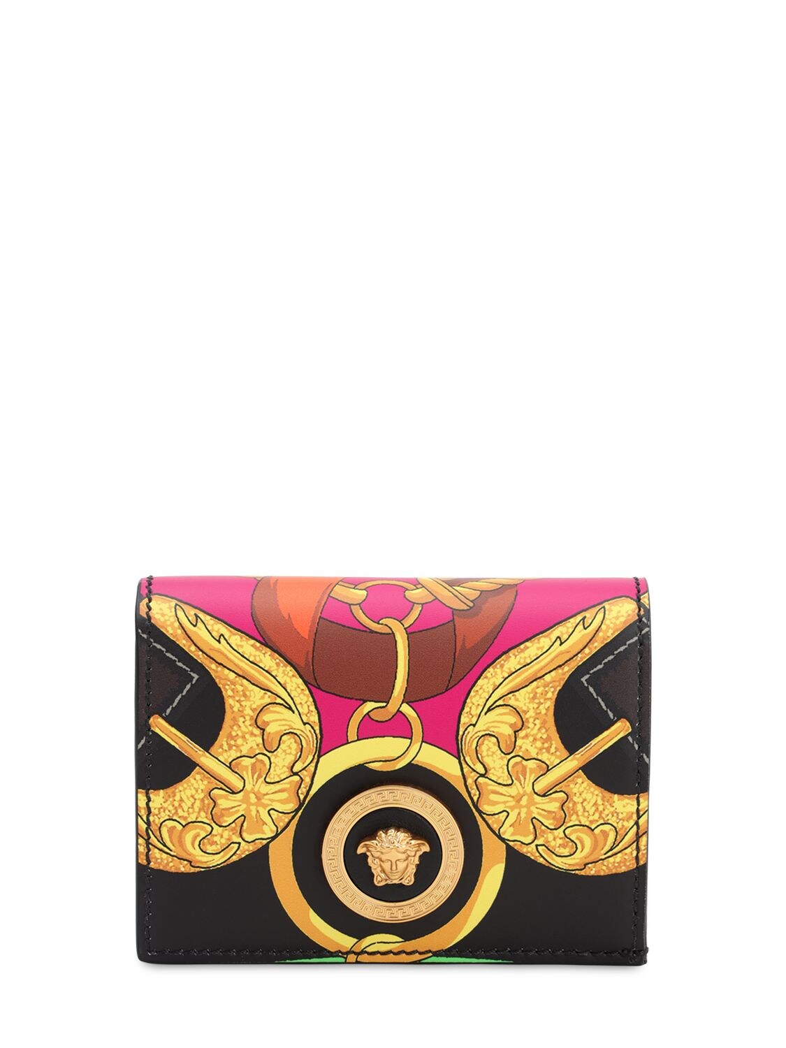 Versace Printed Leather Compact Wallet In Multicolor