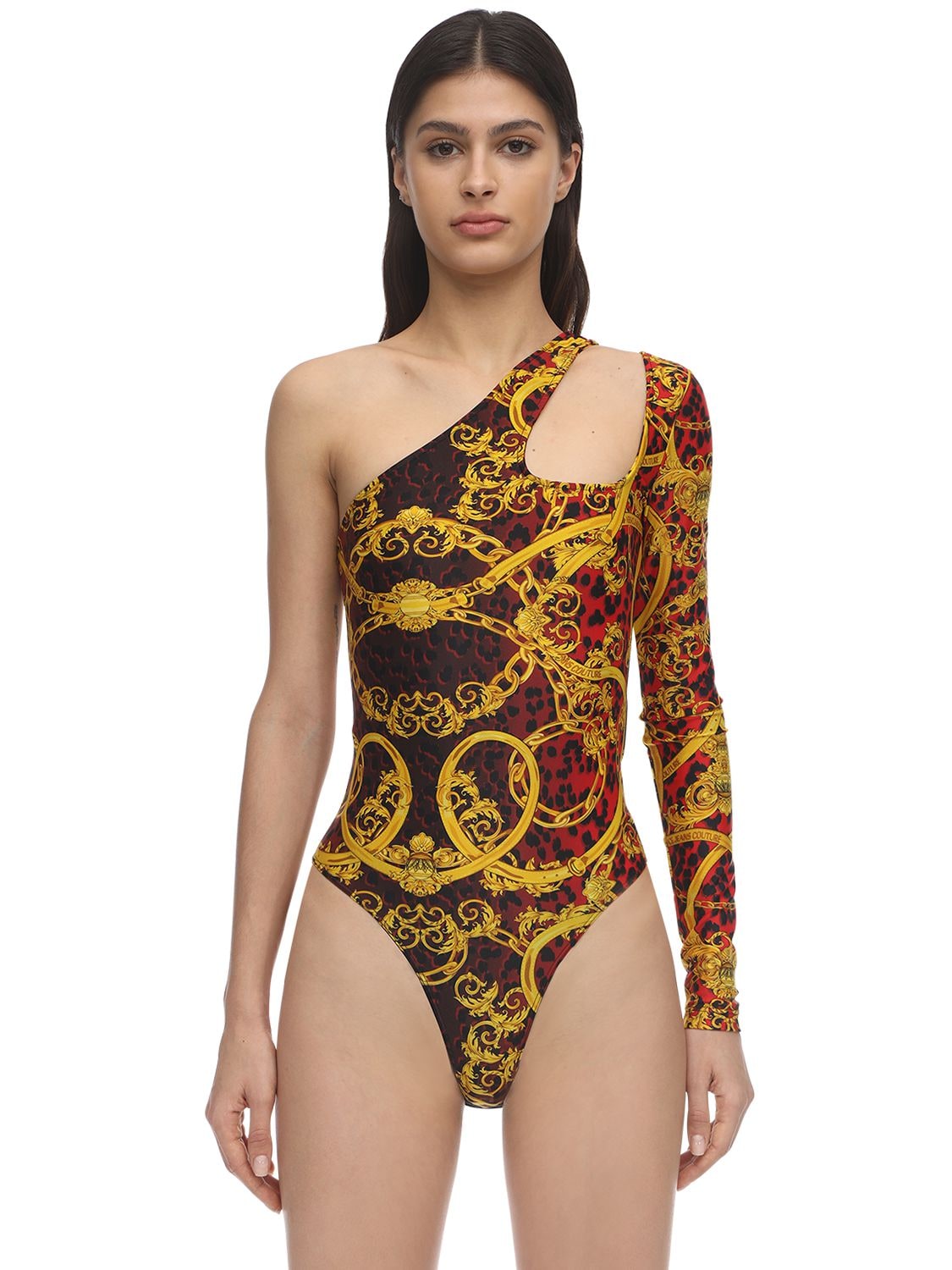 Versace Jeans Couture Printed Tech Jersey Bodysuit In Red