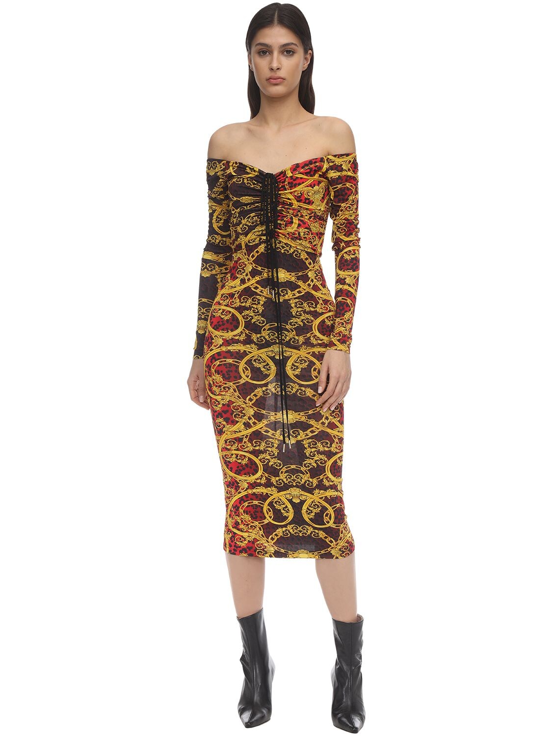 Versace Jeans Couture Leopard Print Draped Jersey Midi Dress In Red