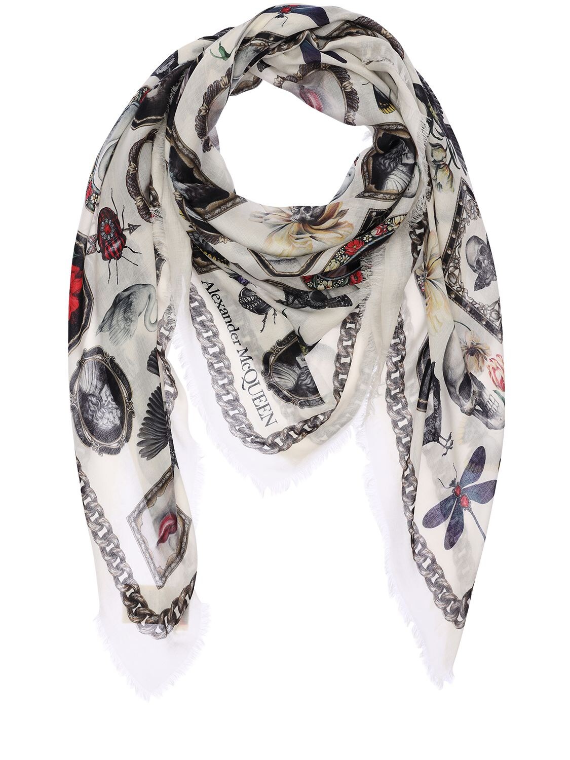 Alexander Mcqueen Cameo Printed Pashmina In Ivory