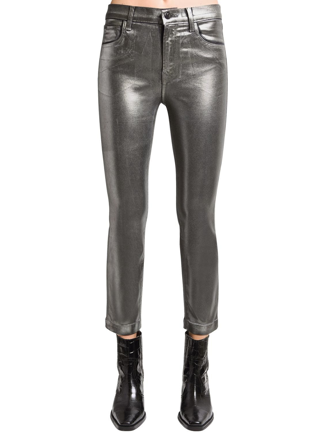 J Brand Ruby Cropped Coated Skinny Pants In Silver