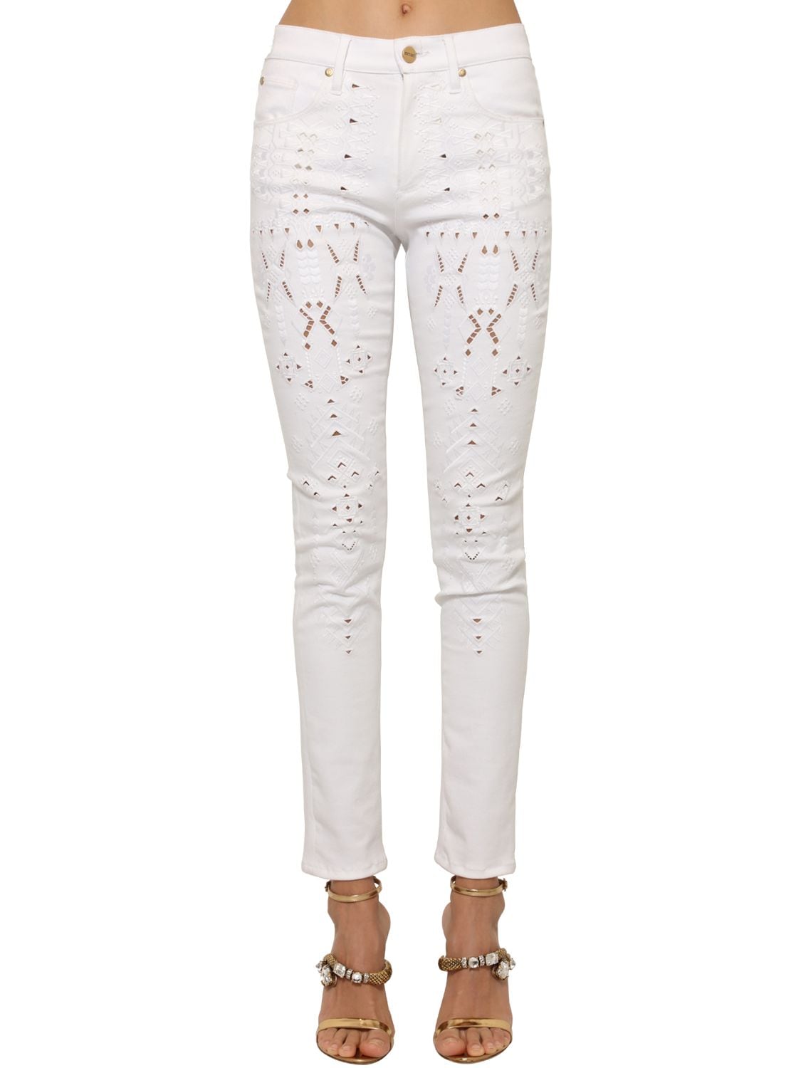Roberto Cavalli Embroidered Stretch Denim Skinny Jeans In White