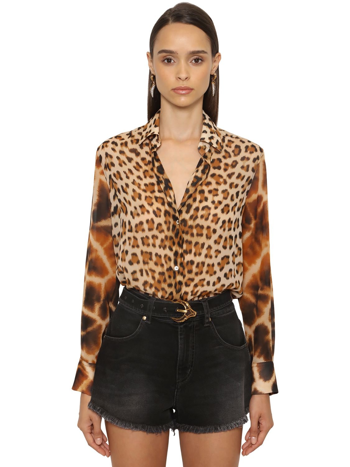 Roberto Cavalli Animalier Printed Silk Georgette Shirt In Leopard