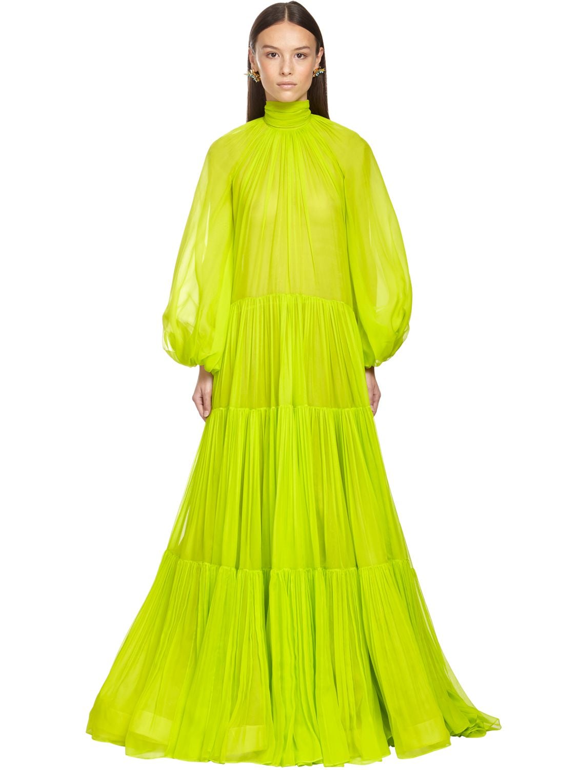 Valentino Balloon Sleeve Banded-chiffon Gown In Acid Lime