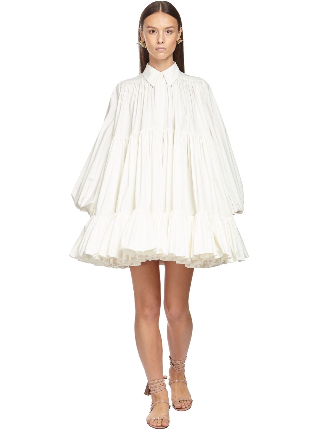 Valentino Puff-sleeve Tiered Shirtdress In Ivory
