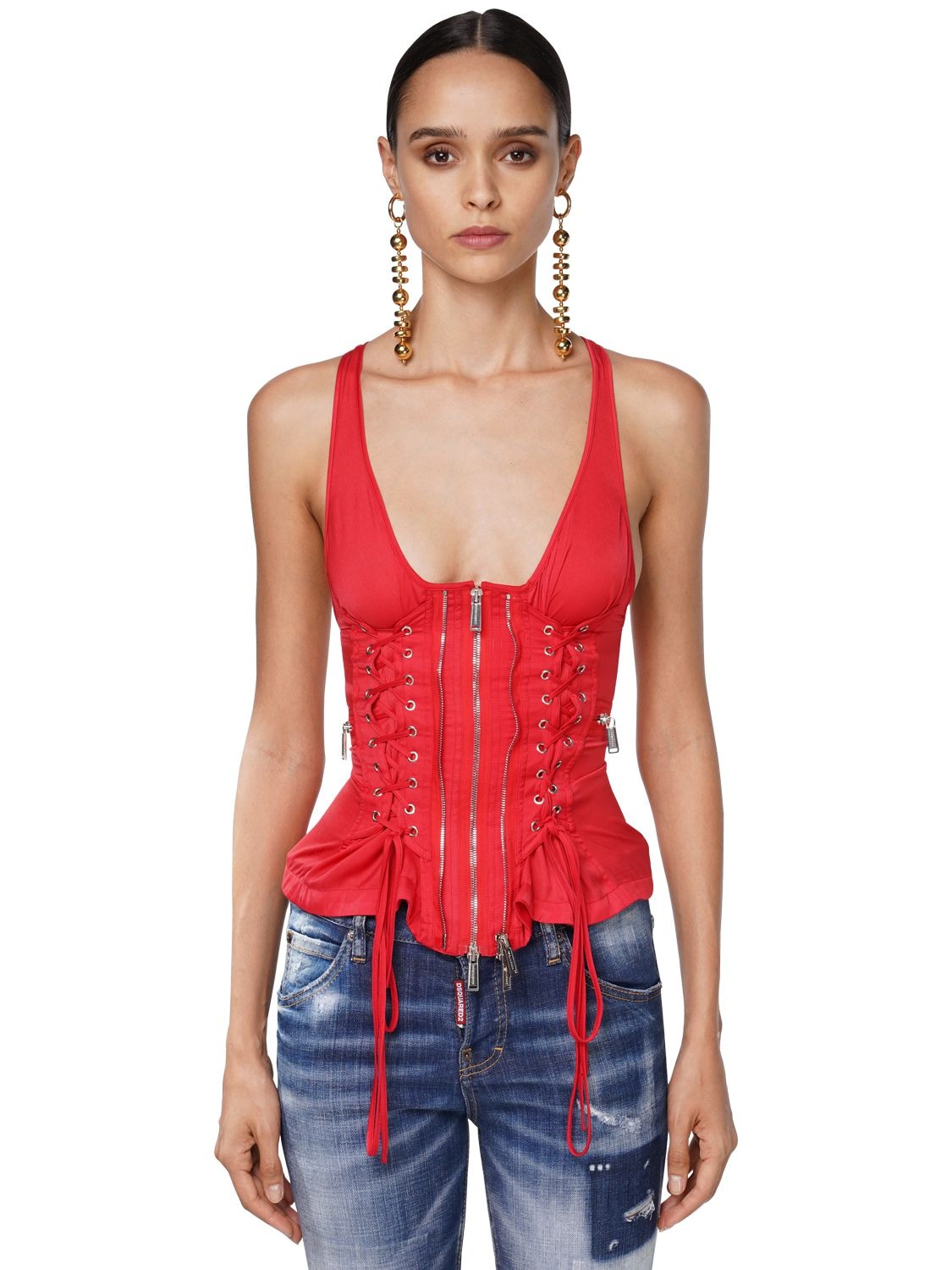 Dsquared2 Lace-up Light Satin Biker Bodysuit In Red
