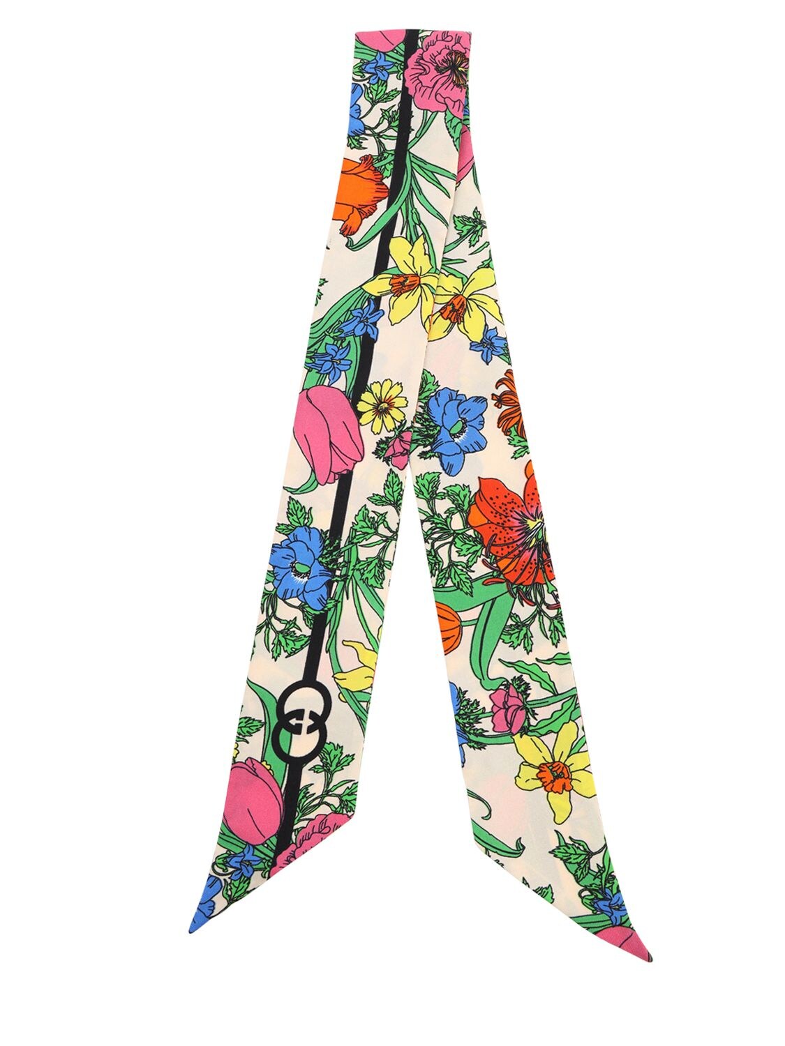 Gucci Flora & Logo Printed Silk Bow Scarf In Multicolor