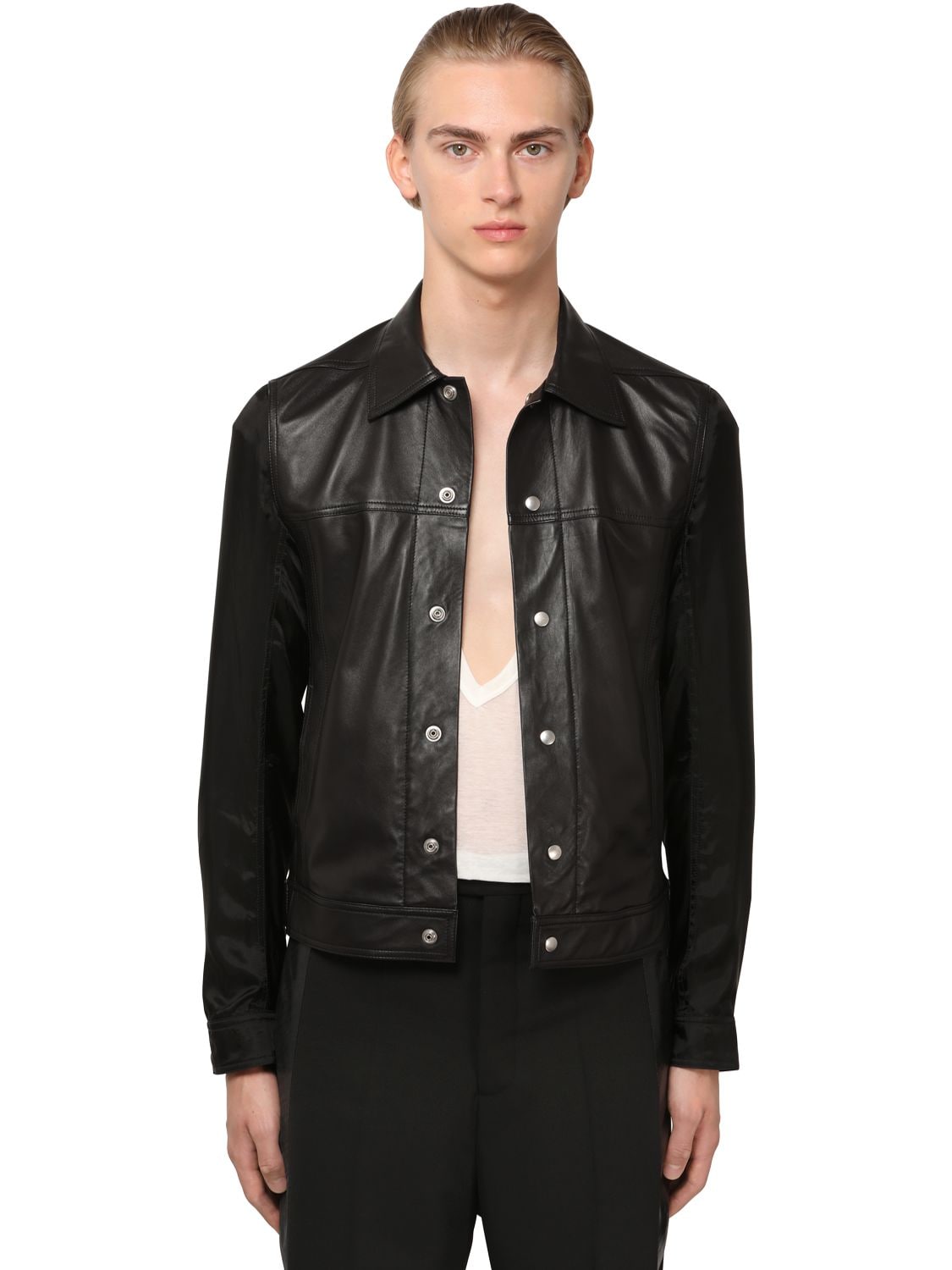 Rick Owens Snaps Leather Shirt Jacket W/ Cupro In Black