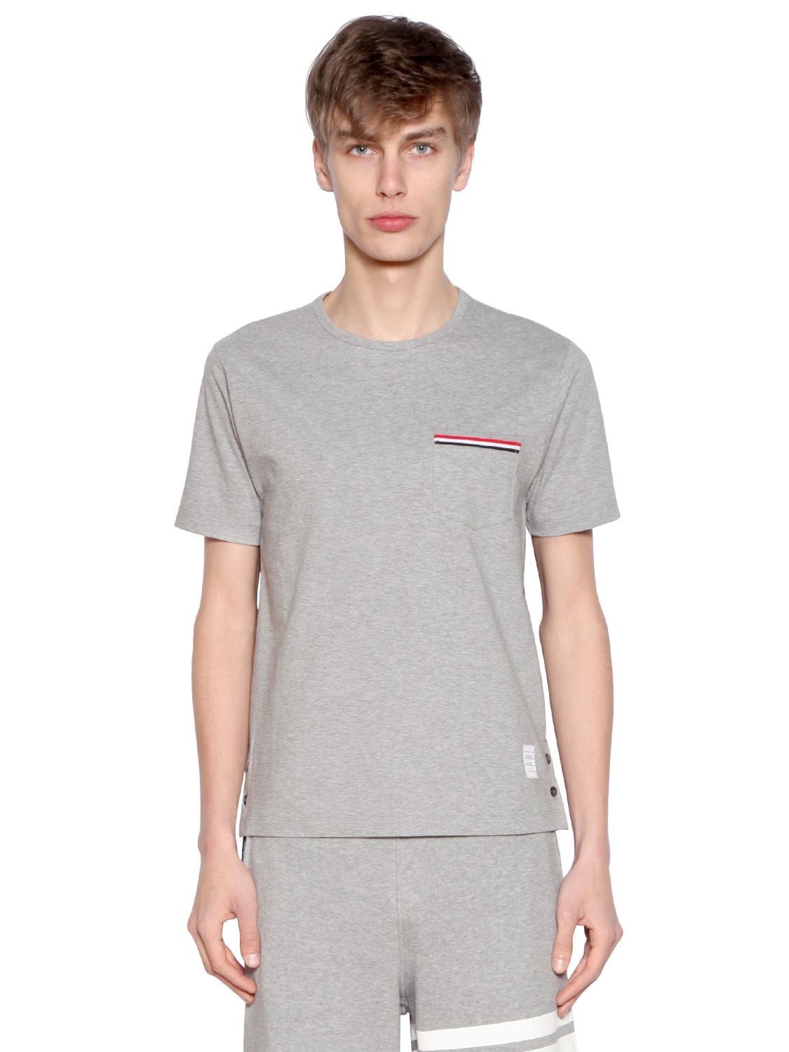 Thom Browne Striped Pocket Cotton Jersey T-shirt In Light Grey