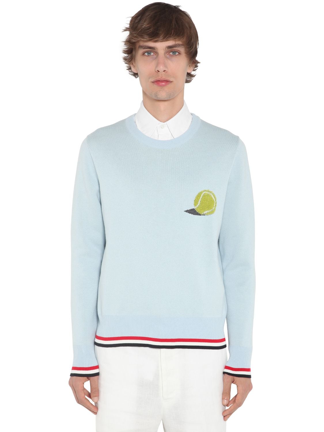 Thom Browne Striped Grosgrain-trimmed Cotton-jacquard Sweater In Light Blue