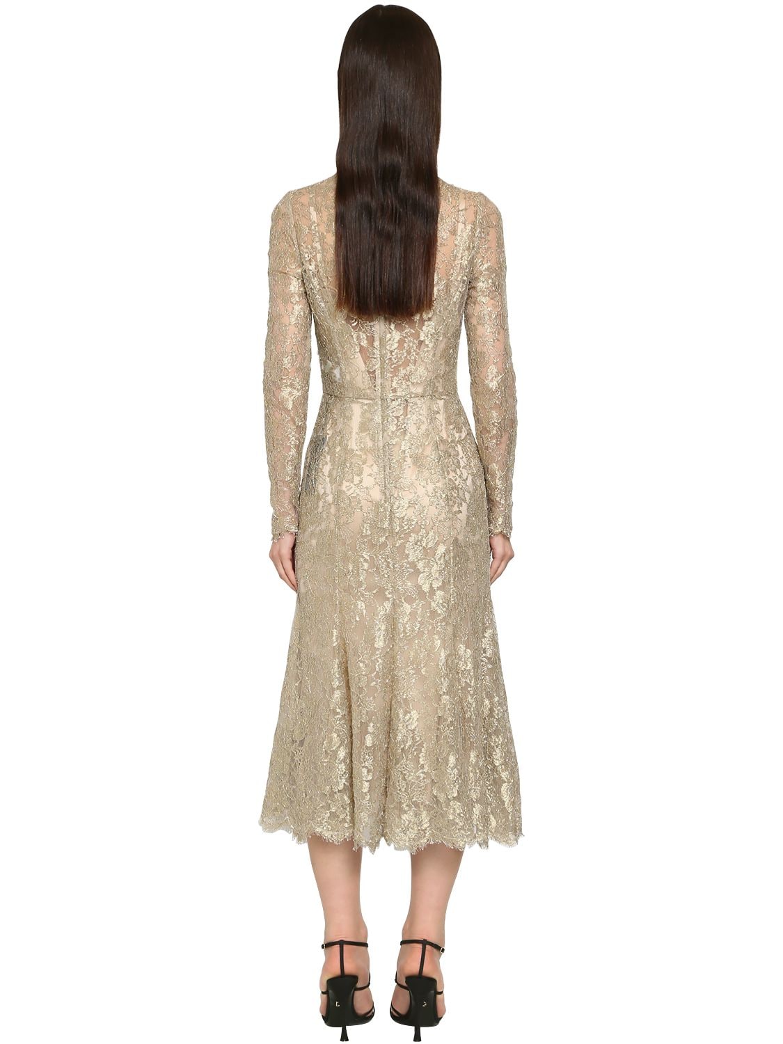 Dolce & Gabbana Sheer Chantilly Lace Lamé Midi Dress In Gold | ModeSens