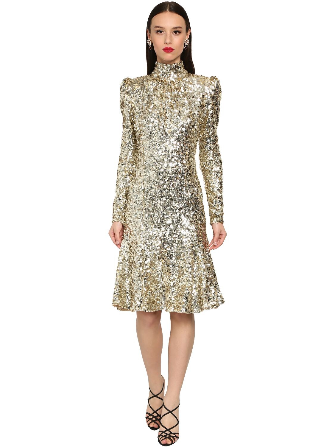 Dolce & Gabbana Flared Sequin Turtle Neck Midi Dress In Gold