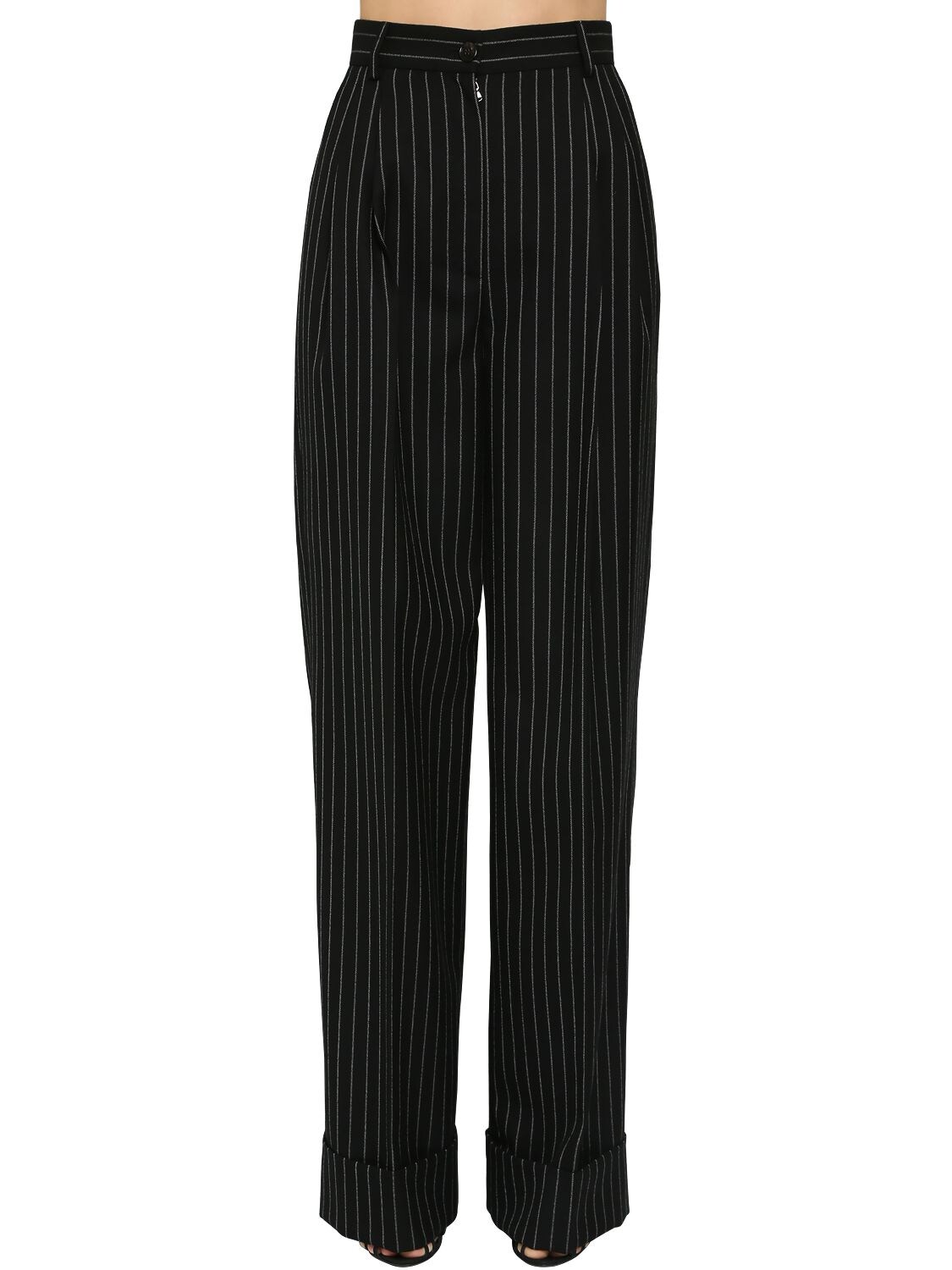 Dolce & Gabbana Pin Striped Wool Wide Leg Pants In Black
