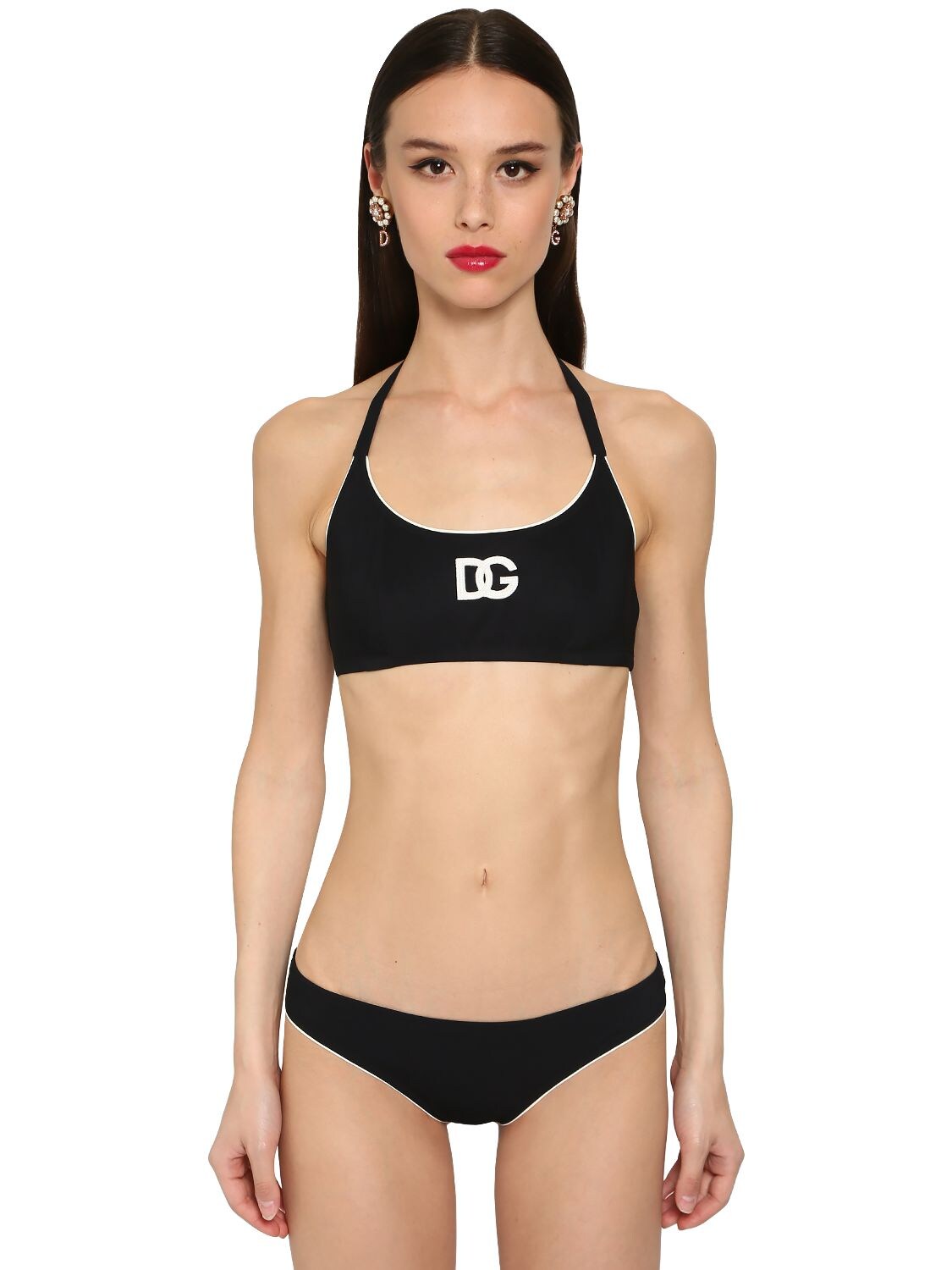 Dolce & Gabbana Embroidered Jersey Bikini Swimsuit In Black