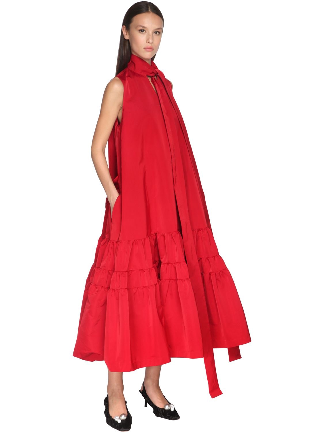 Rochas Ruffled Taffeta Midi Dress W/ Scarf In Red