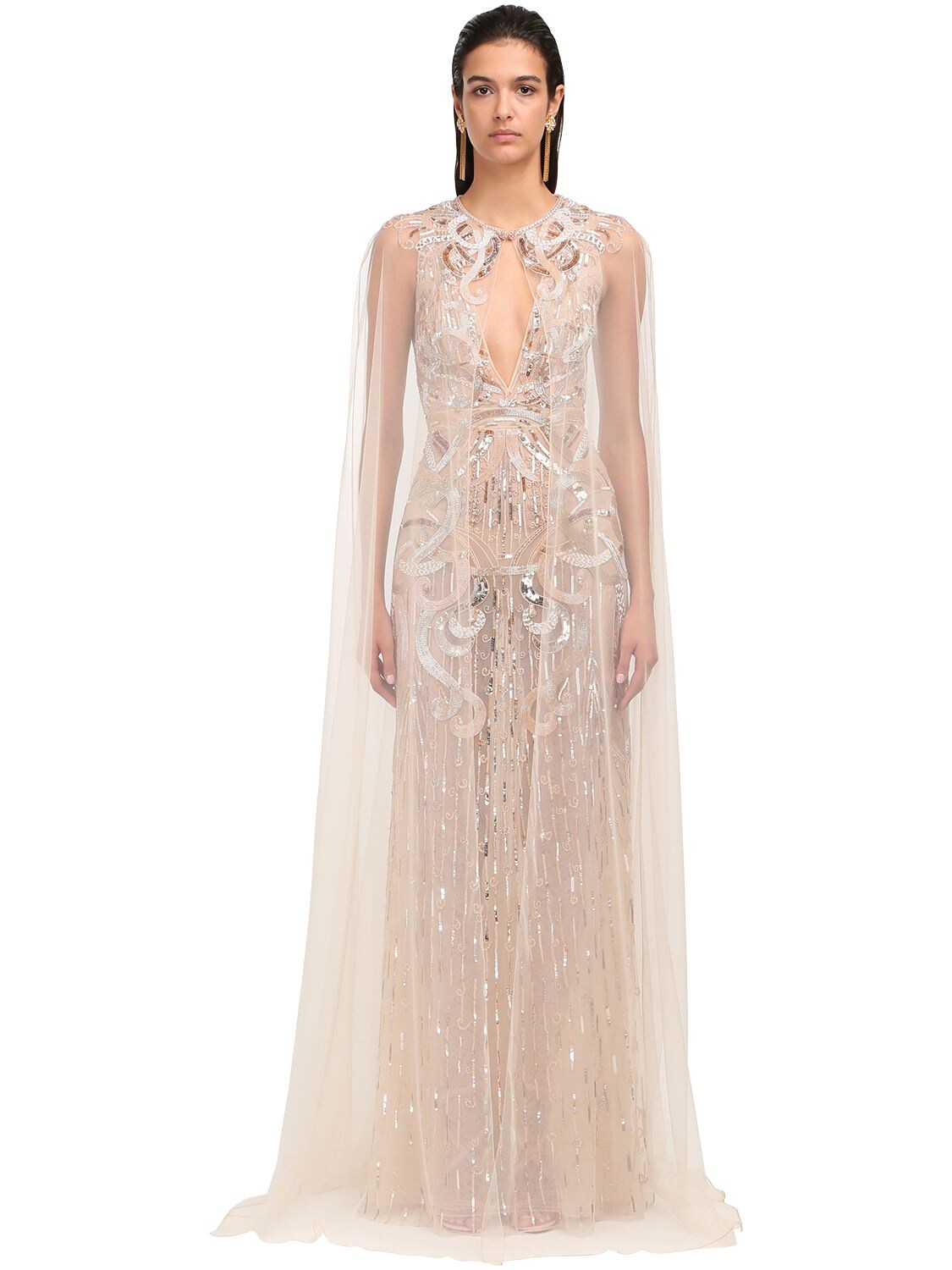 Zuhair Murad Embellished Tulle Long Cape In Gold,beige