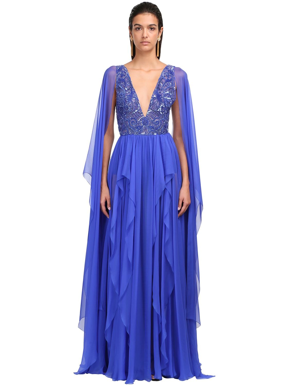 Zuhair Murad Embellished Silk Chiffon Gown In Blue