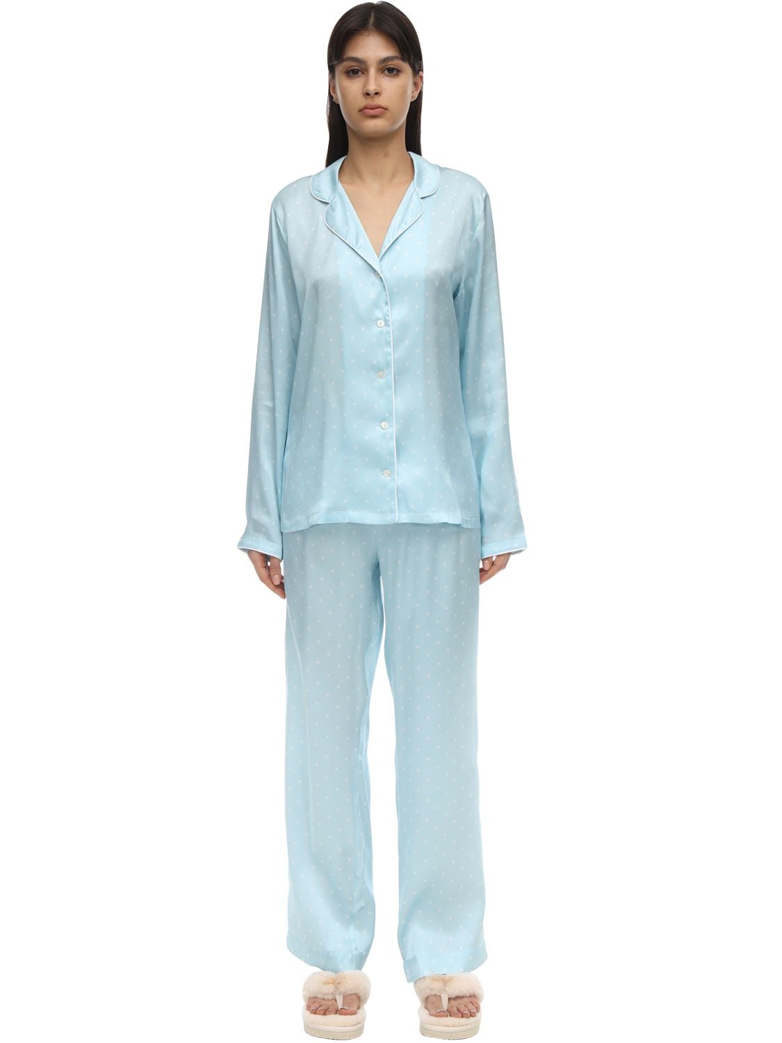 Derek Rose Brindisi Long Star Print Silk Pajama Set In Light Blue