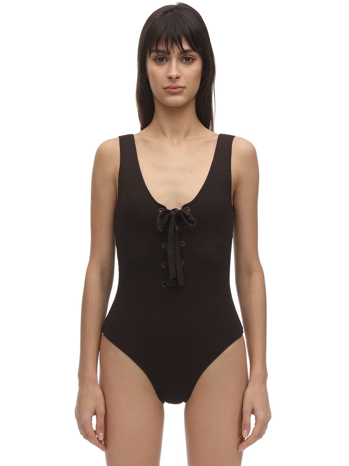 Textured Lace-up One Piece Swimsuit