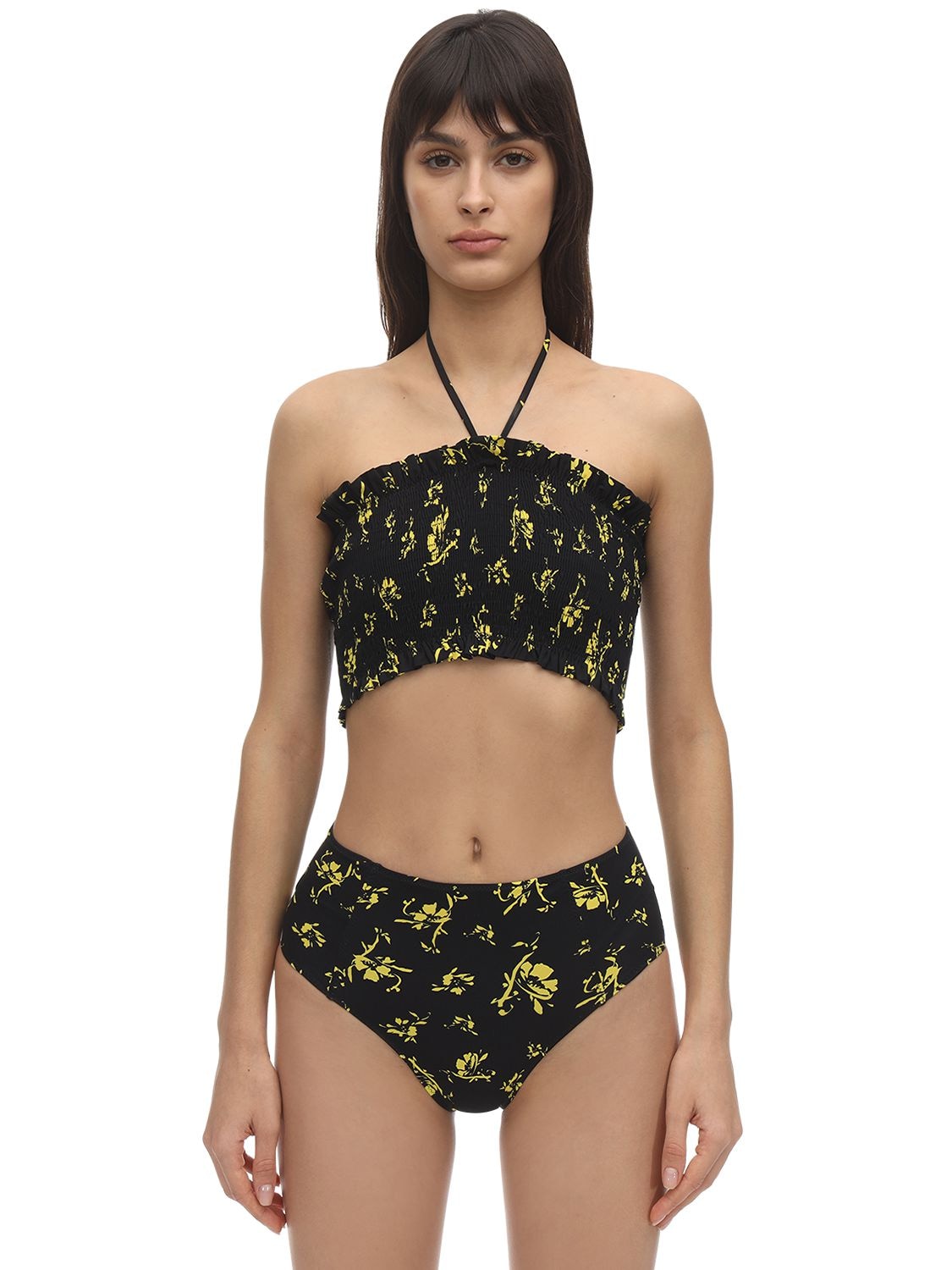 Ganni Floral Print Smocked Halter Recycled Blend Bikini Top In Black