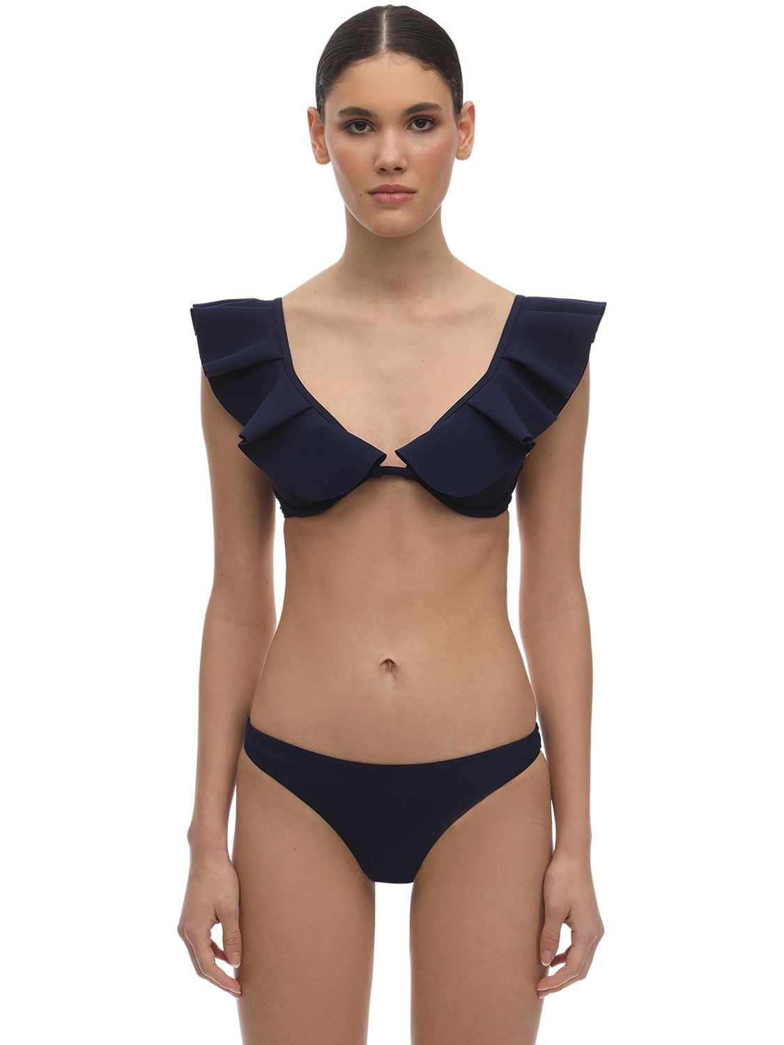 Bondi Born Giselle Ruffled Lycra Bikini Top In Navy