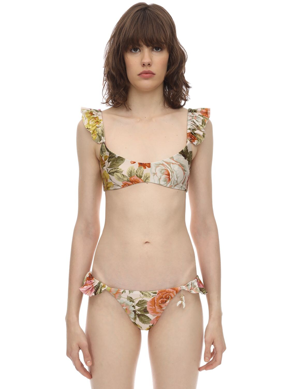 Zimmermann Bonitra Ruffled Lycra Bikini In Beige,multi