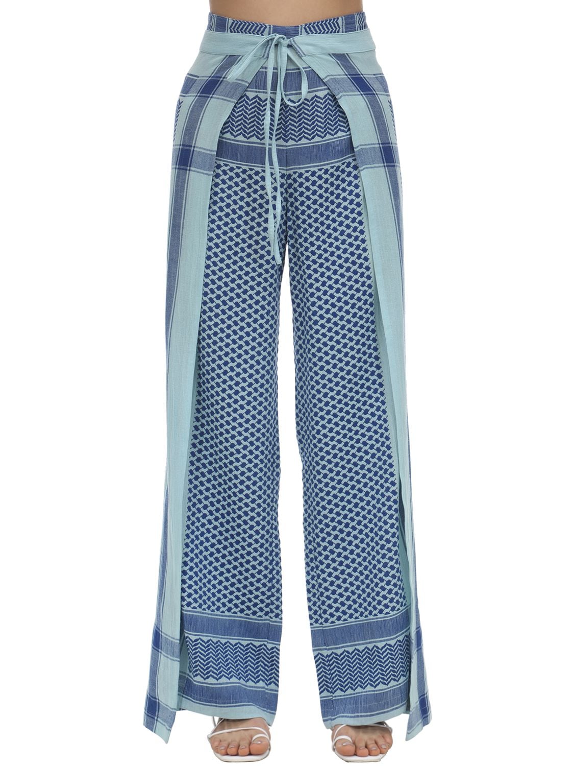 Cecilie Copenhagen Hella Tie-front Cotton-jacquard Wide-leg Pants In Blue