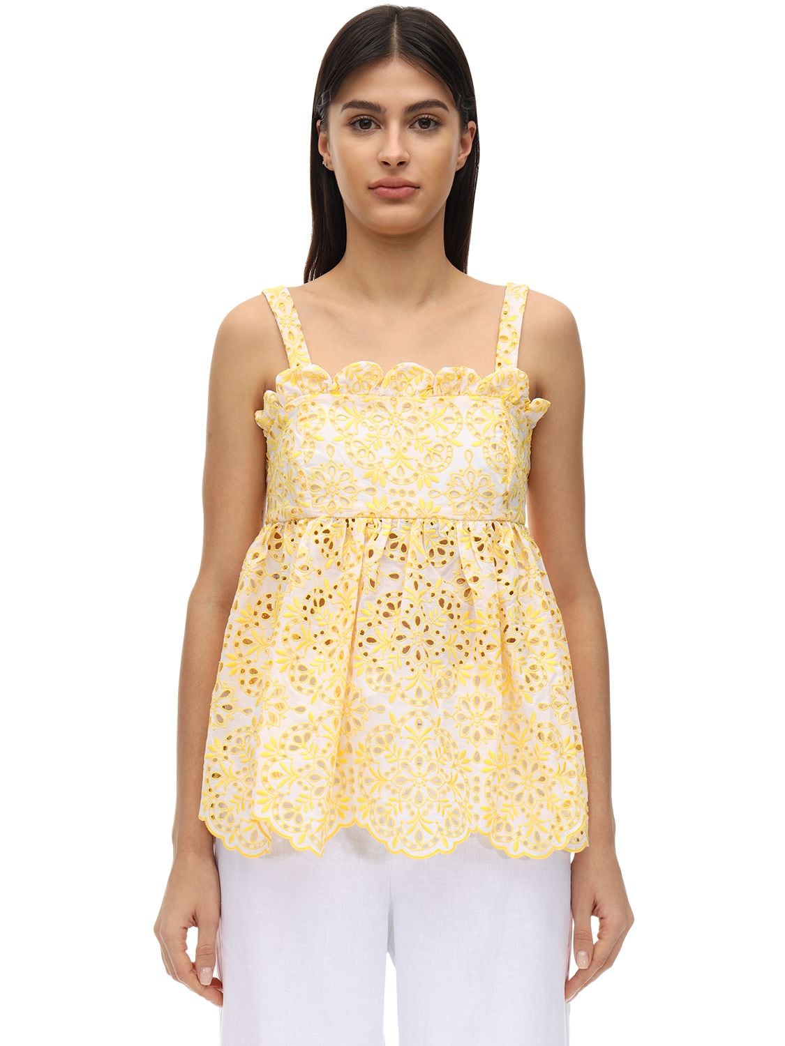 Azulu Basurto Cotton Eyelet Lace Top In Yellow