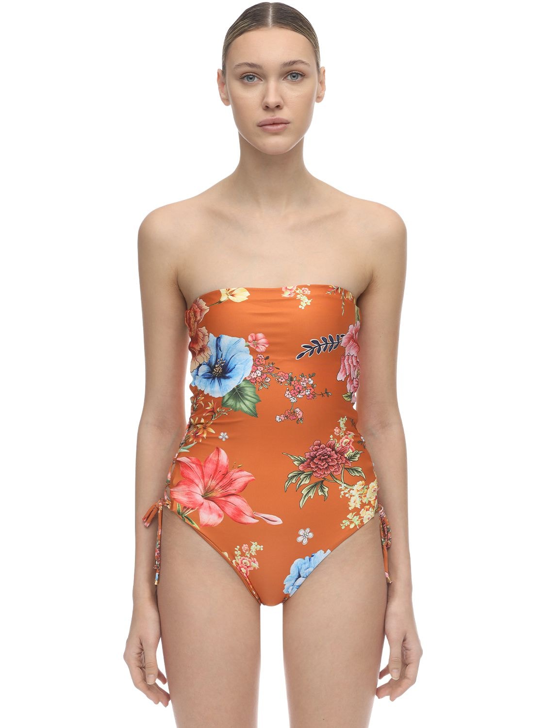 Agua Bendita Sandy Floral Print Strapless Swimsuit In Orange,multi