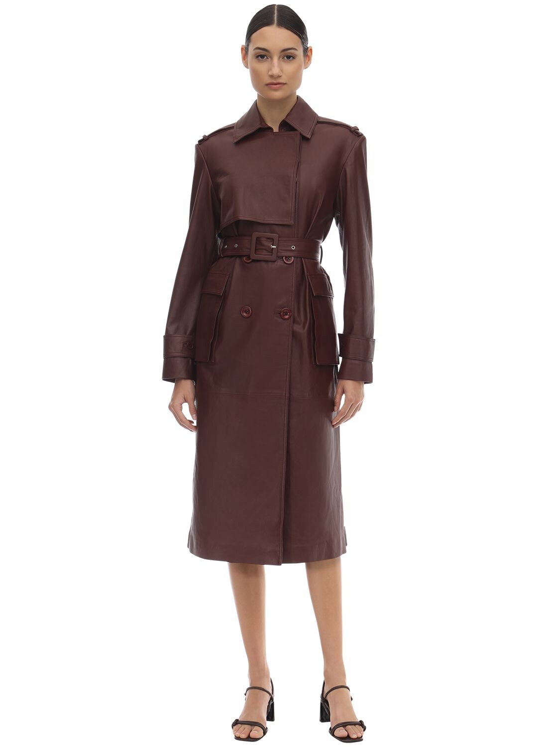 Remain Pirello Leather Trench Coat In Bordeaux | ModeSens