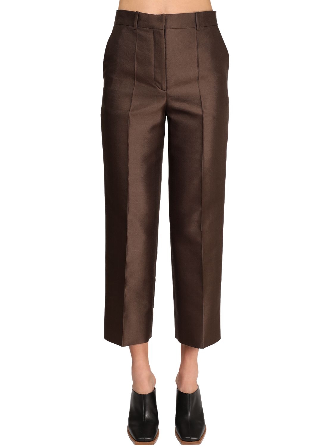 Givenchy Cropped Wool And Silk-blend Satin Straight-leg Pants In Chocolate