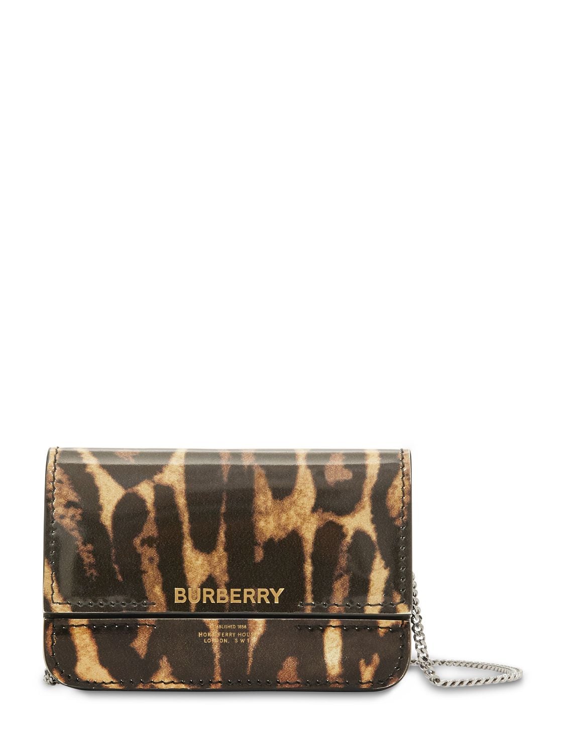 BURBERRY Calfskin Leopard Print Mini Jody Chain Card Case Black