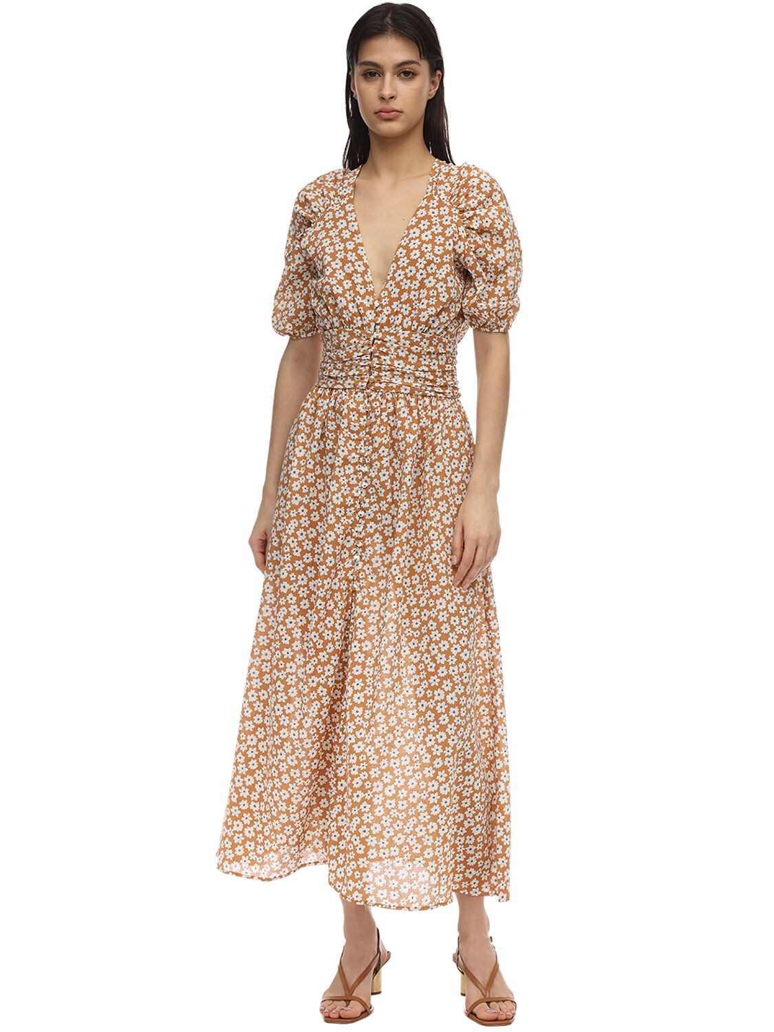 Bec & Bridge Printed Cotton Midi Dress In Orange,white