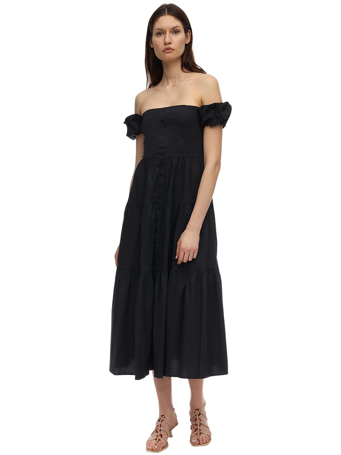 Staud Ruffled Cotton Poplin Midi Dress In Black | ModeSens