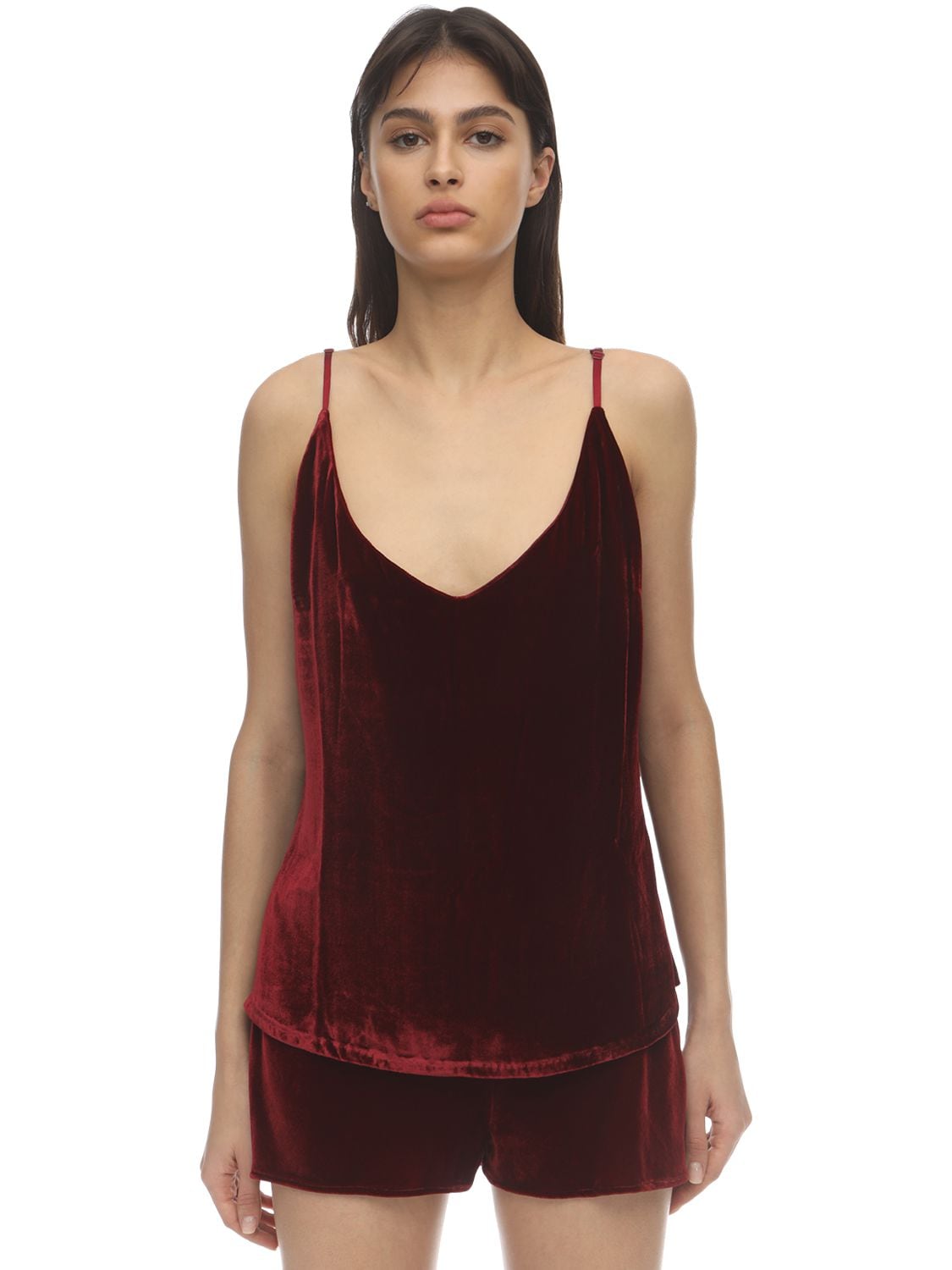 Sleeping With Jacques The Pm To Am Velvet Camisole Top In Bordeaux