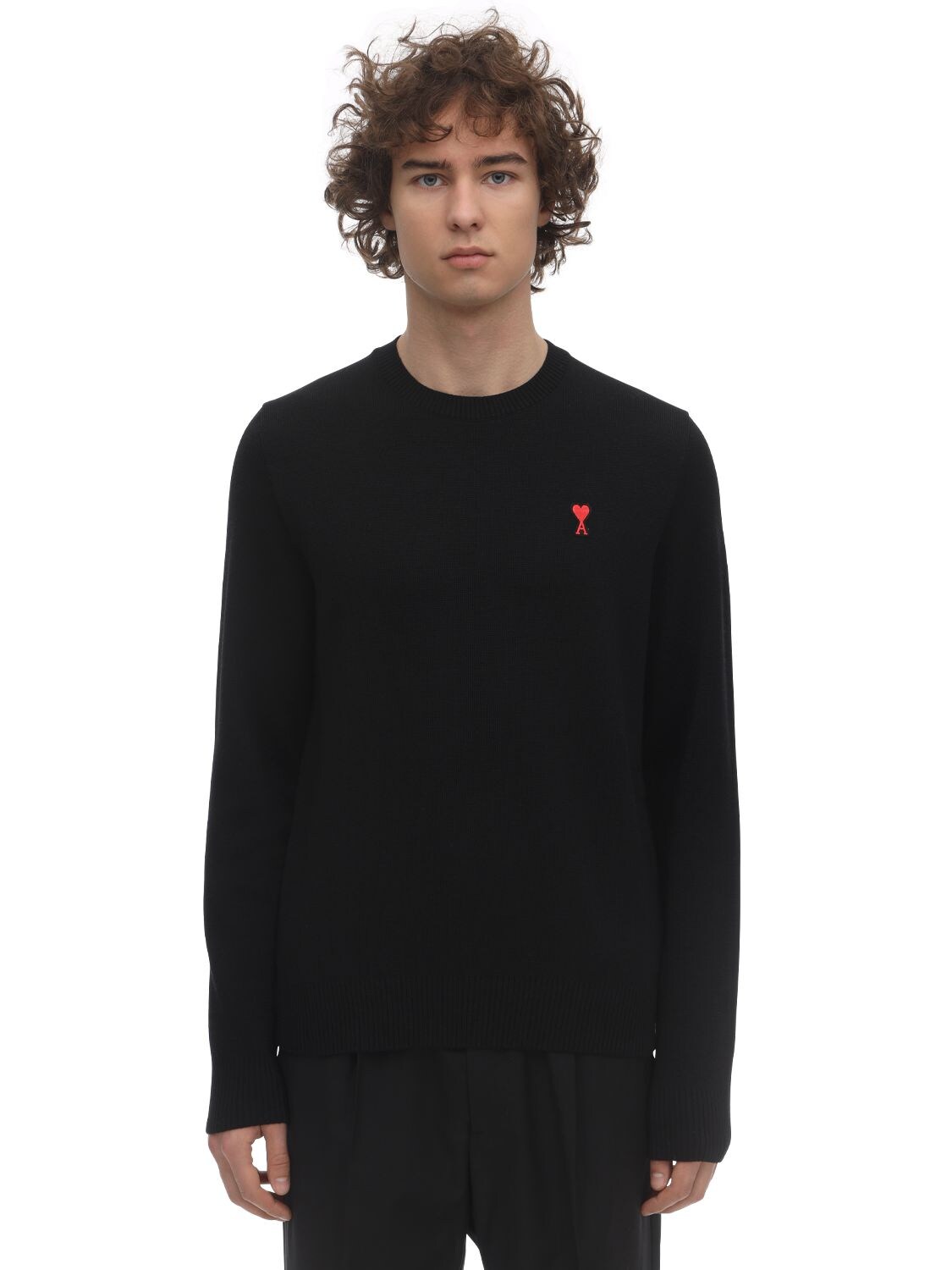 Ami Alexandre Mattiussi Logo Patch Crewneck Wool Knit Sweater In Black