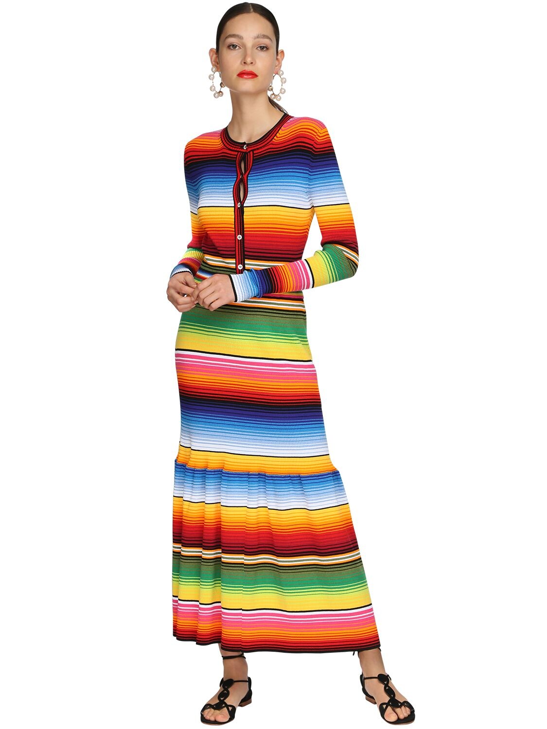 Carolina Herrera Rainbow Striped Rib Knit Midi Dress In Multicolor 