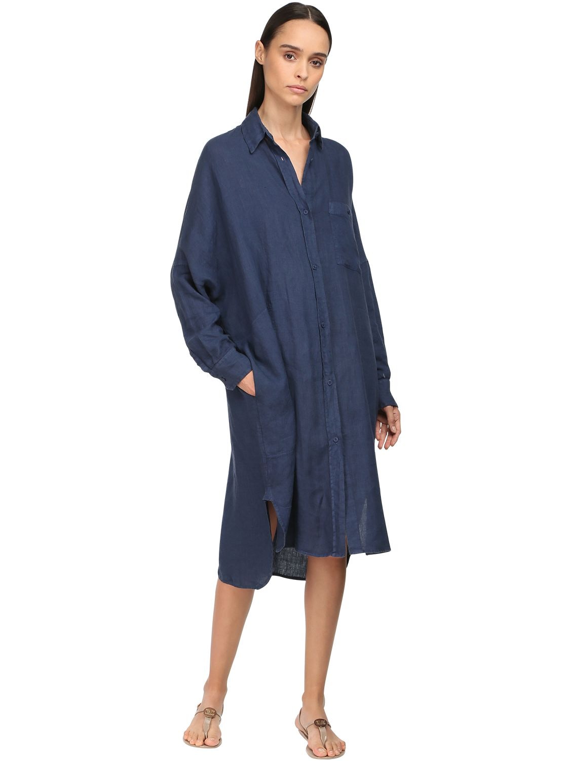 Max Mara Linen Shirt Dress In Blue | ModeSens